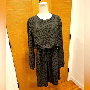 Rails | Olive & Black Leopard Print Half Button-Up Silk Shirt Dress | Size Large